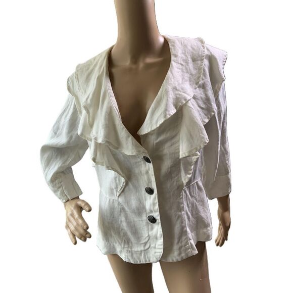 Live A Little Cream Linen Ruffle V-neck Button Front Blouse Size Medium - Picture 1 of 13